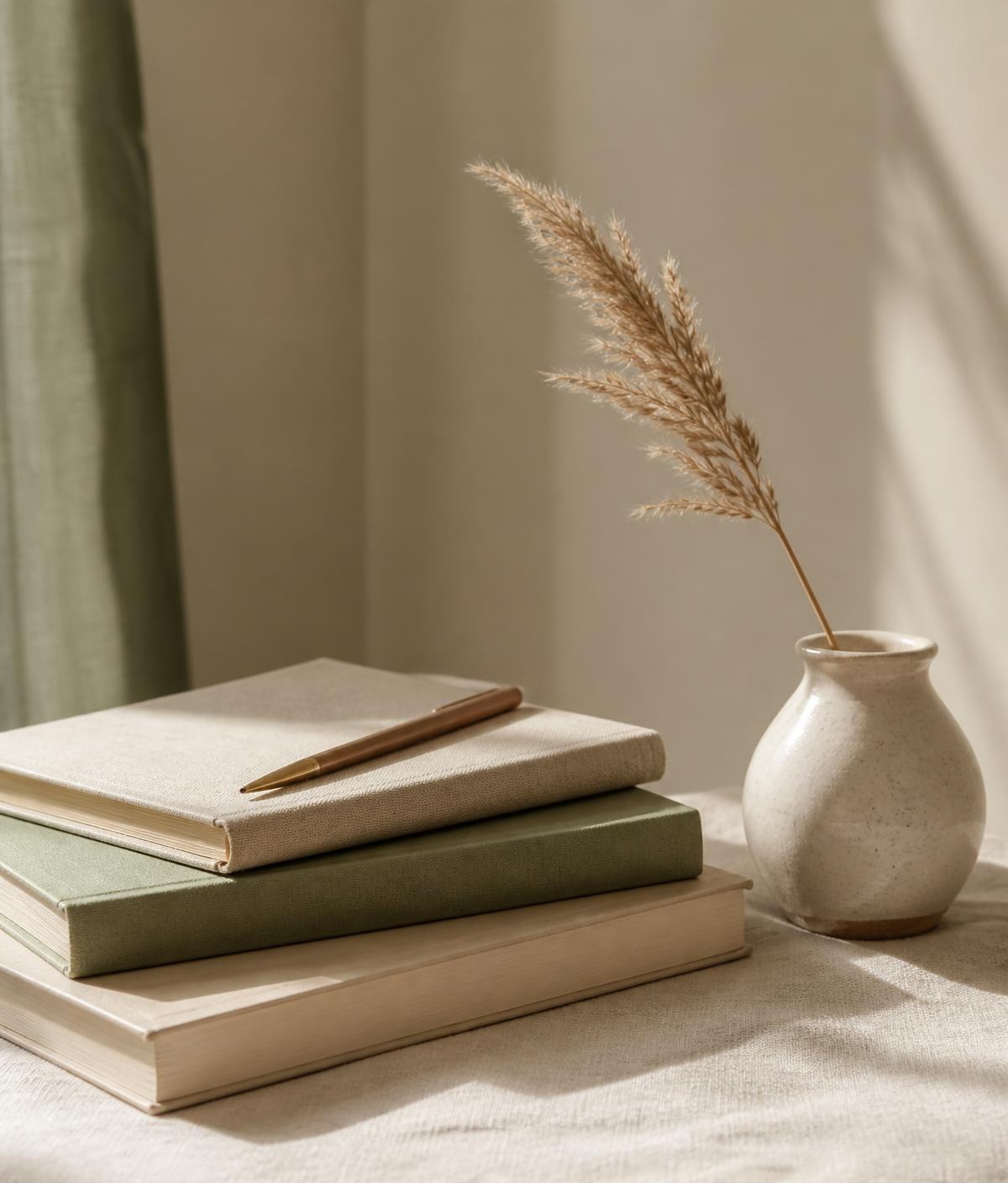 A stack of linen-bound notebooks with a pen beside a small ceramic vase